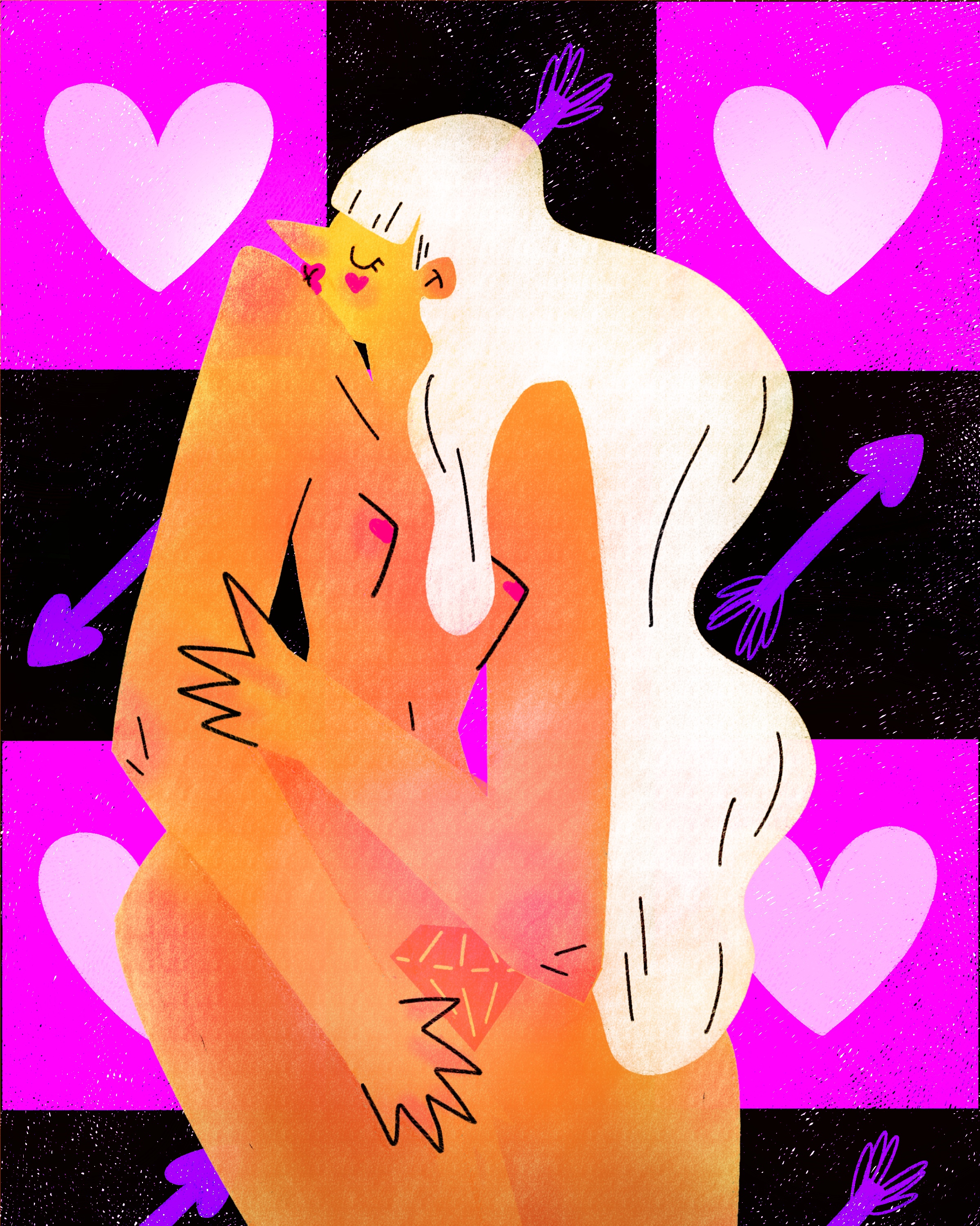 Illustration artworks of women kissing their own bodies