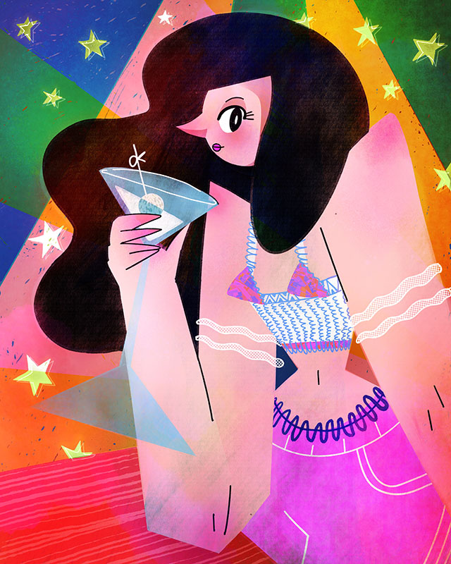 Illustration artwork of a woman holding a martini glass on a colorful background